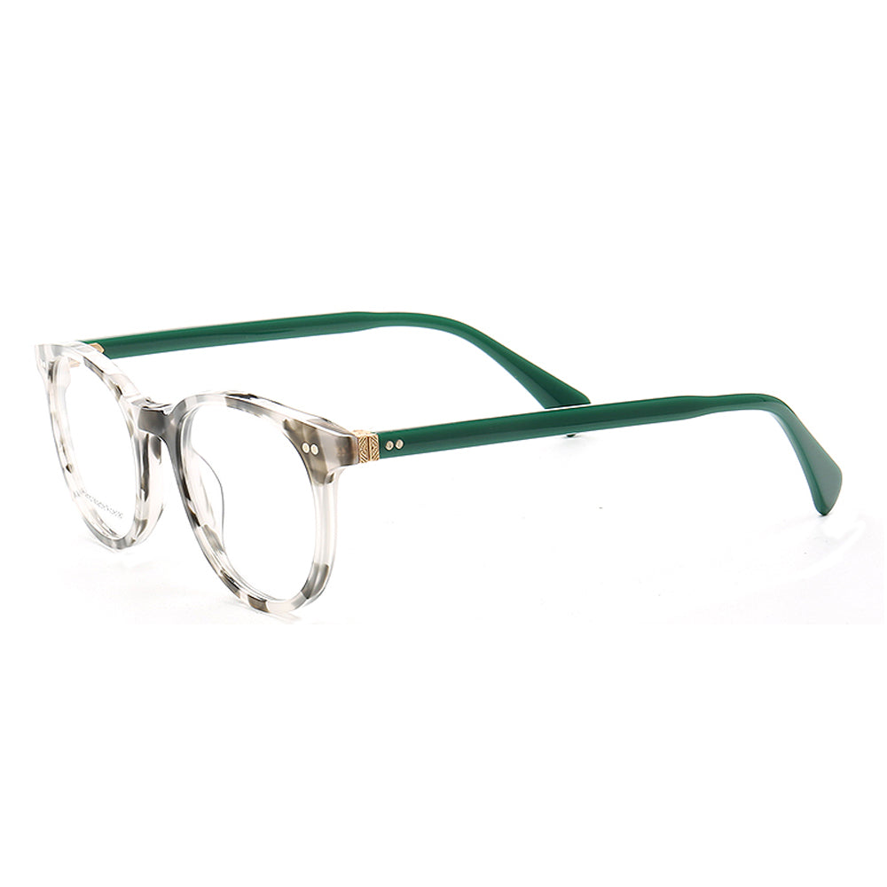 Side view of green patterned round eyeglasses