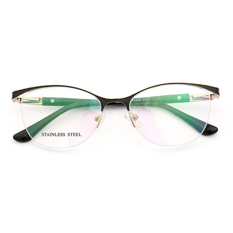 Regina | Half Rim Stainless Steel Eyeglasses For Women | Modern Frame w/ Patterned Temple