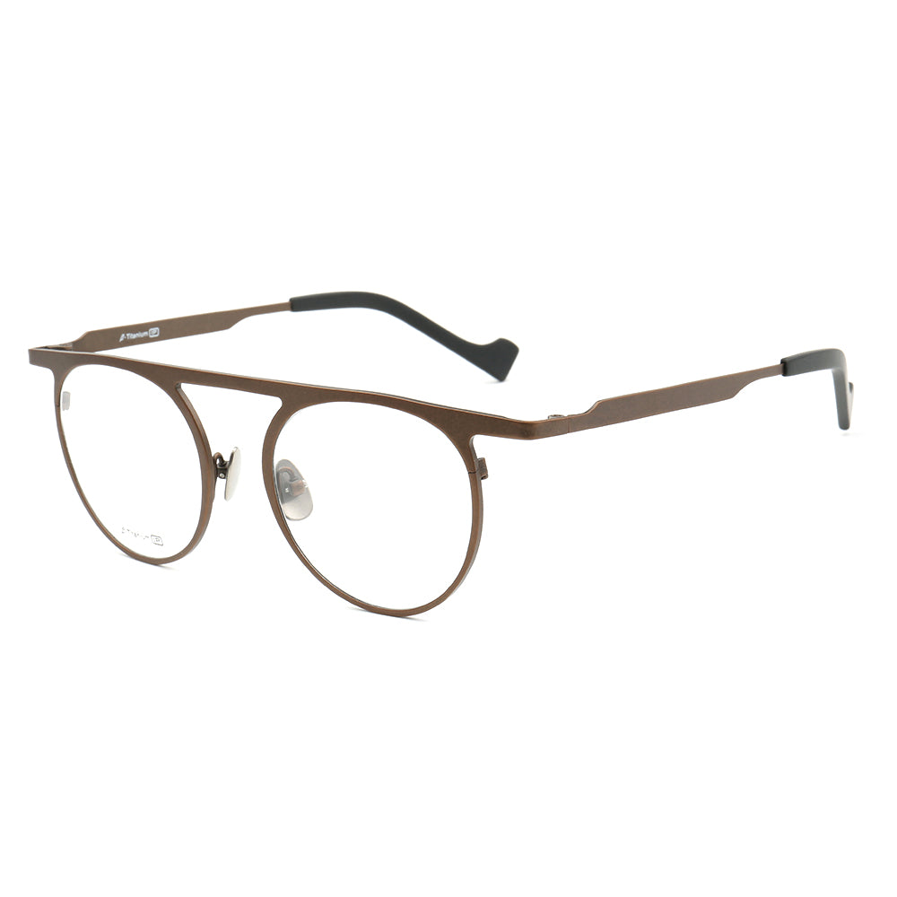 Side view of bronze retro flat top titanium eyeglasses