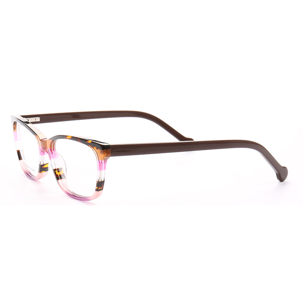 Side view of brown and pink full rim acetate glasses for women