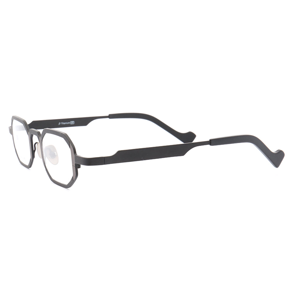 Side view of grey two toned rectangular titanium eyeglasses