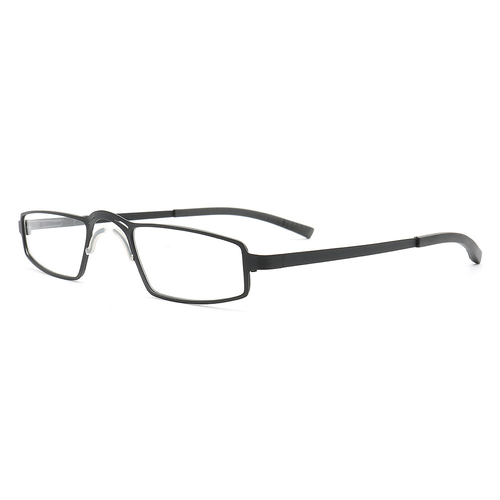 Side view of black rectangular metal eyeglass frames