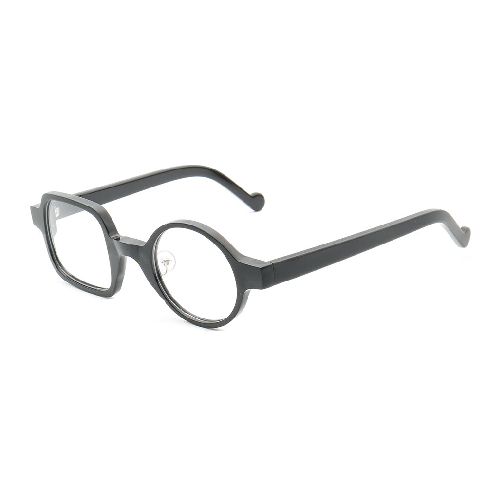 A pair of black mismatch square and round eyeglass frames