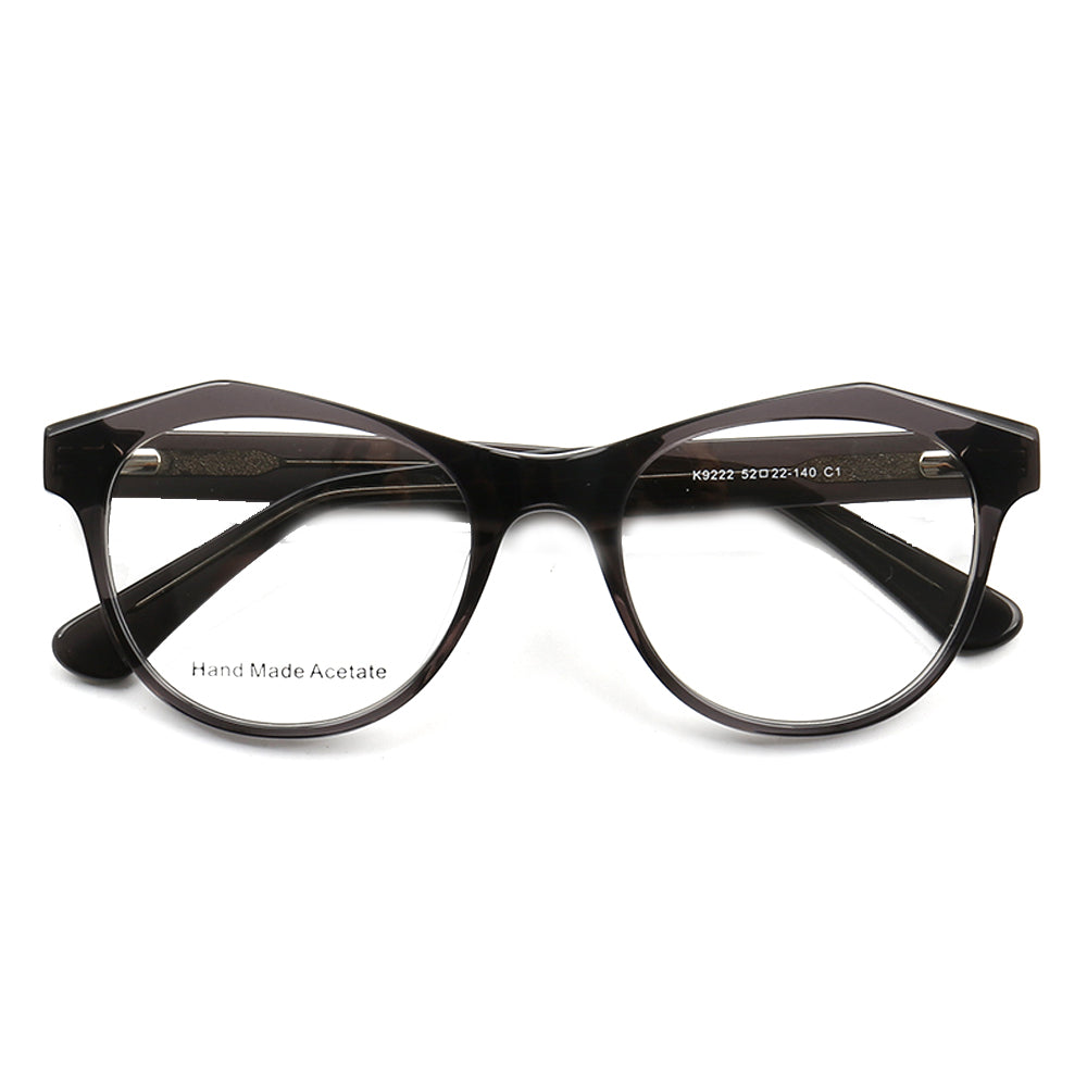 A pair of transparent grey cat eye glasses for women