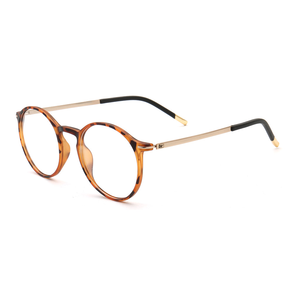 Side view of round tortoise shell TR eyeglasses