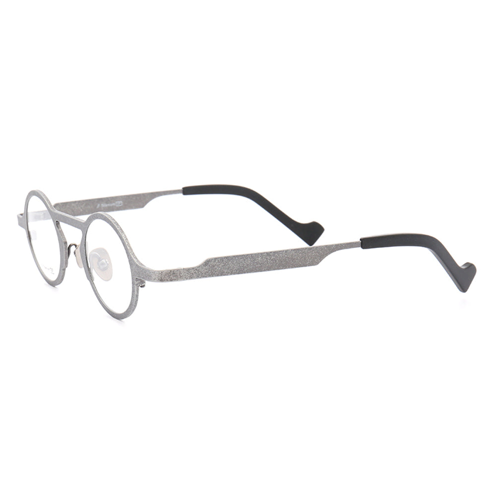 Side view of round grey titanium eyeglasses