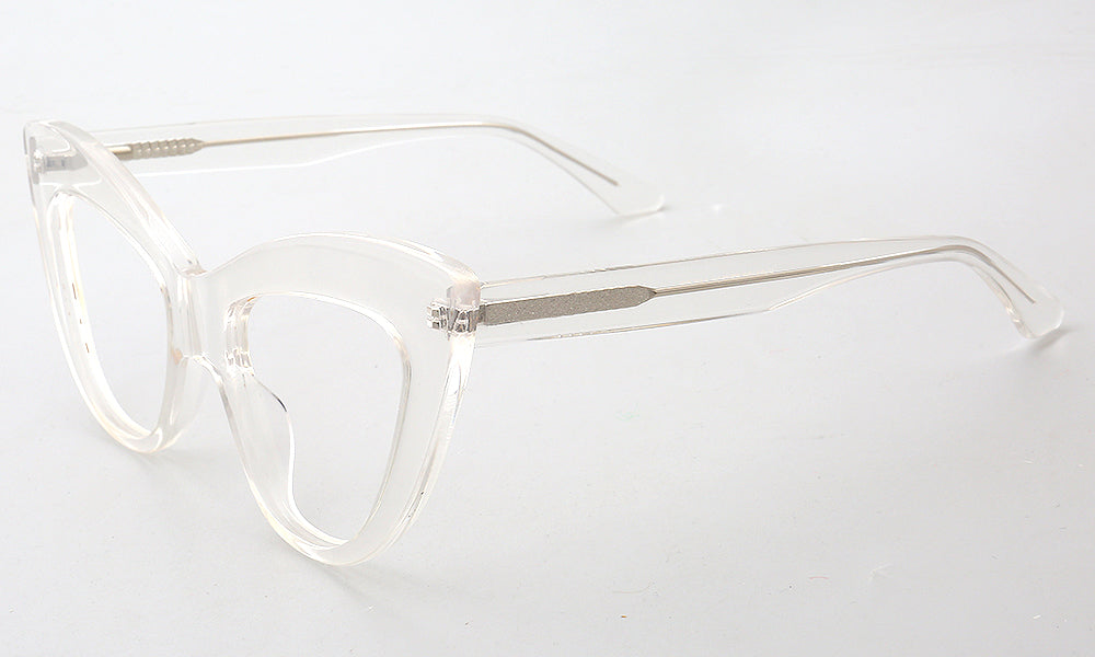 Side view of clear cat eye acetate glasses