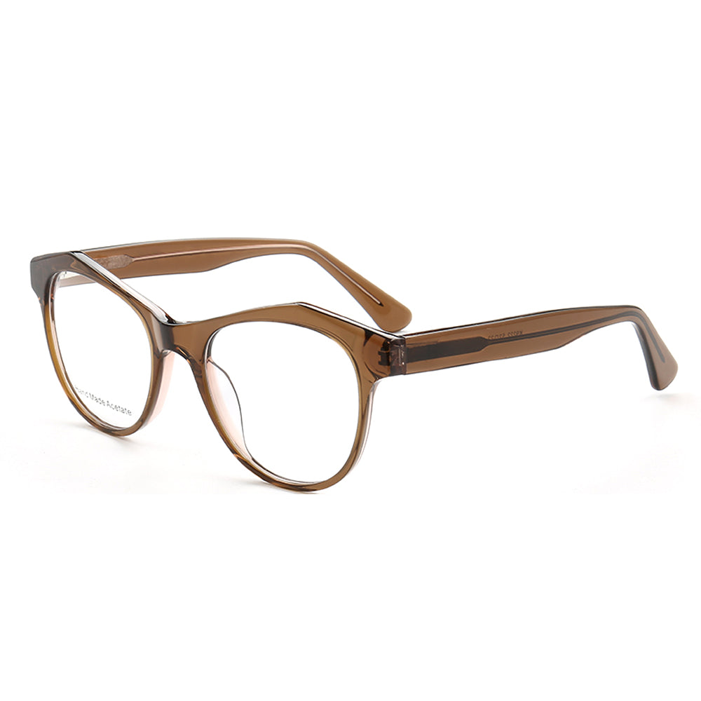 Side view of brown transparent cat eye glasses for women