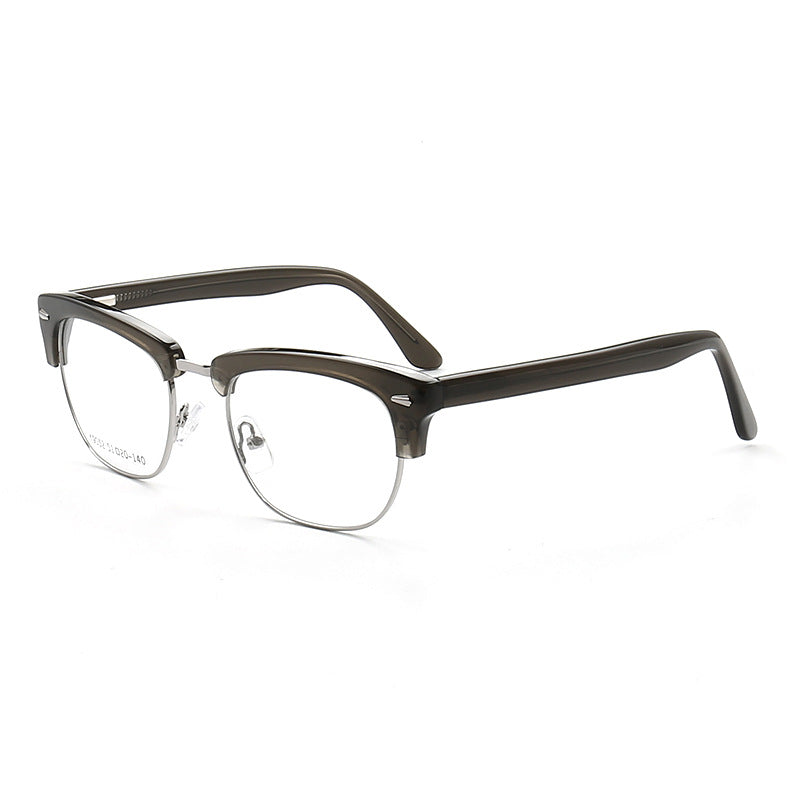 A pair of grey retro half rim eyeglass frames