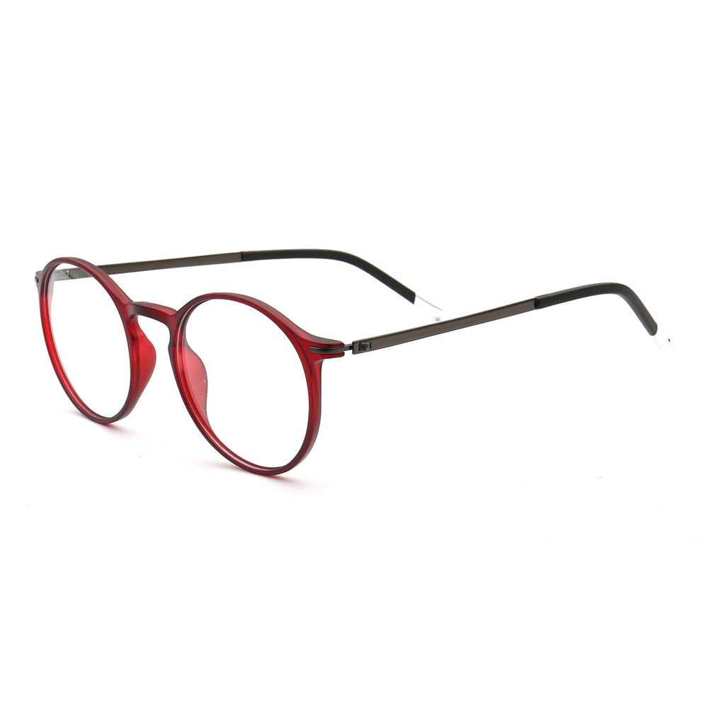 A side view of classic round red TR eyeglasses