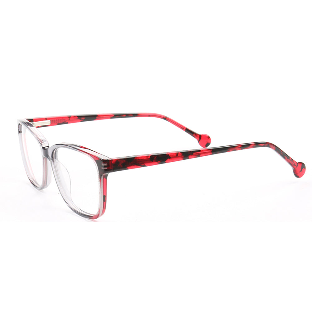 Side view of red and white full rim acetate eyeglass frames