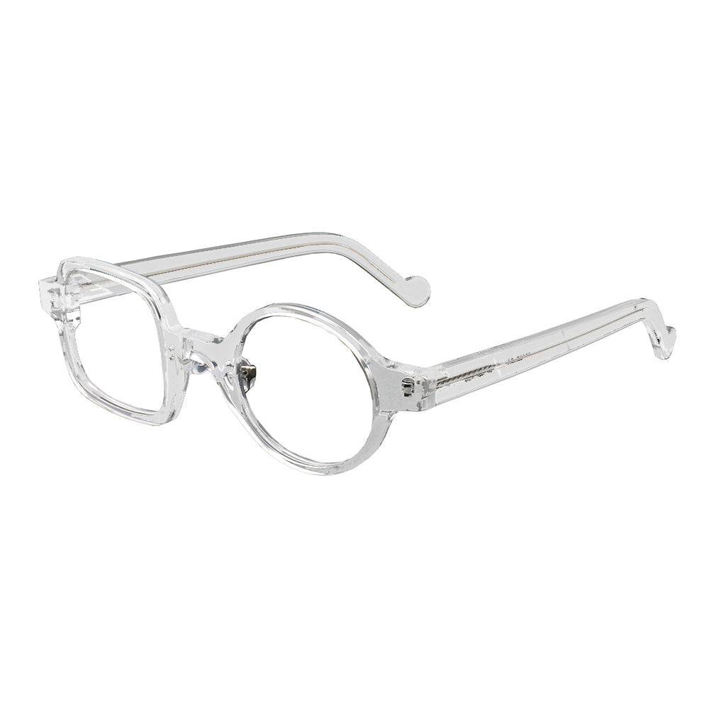 A pair of clear funky mismatch eyeglasses