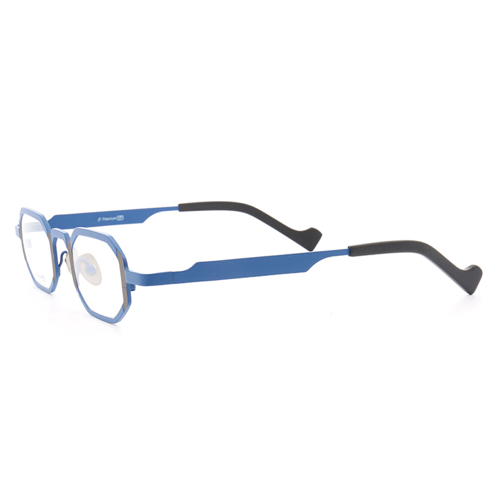 Side view of blue two-toned rectangular titanium eyeglasses