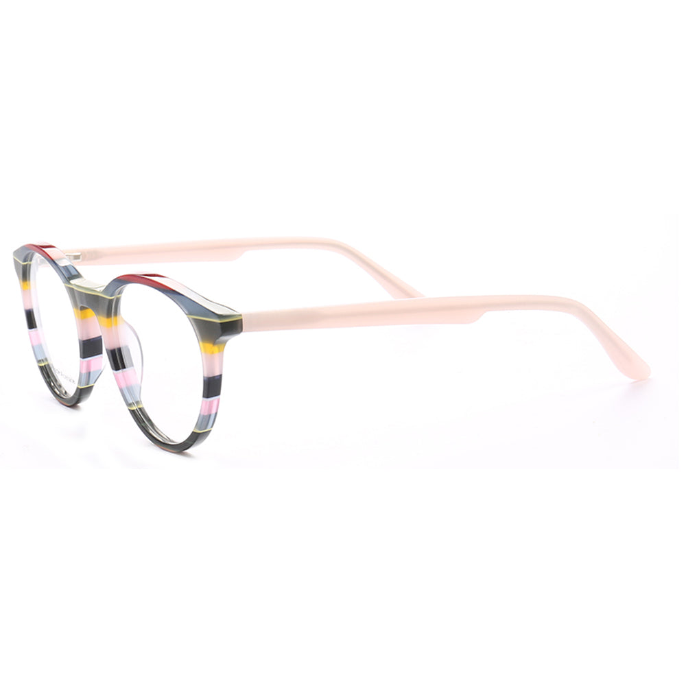 Side view of full rim striped acetate eyeglasses
