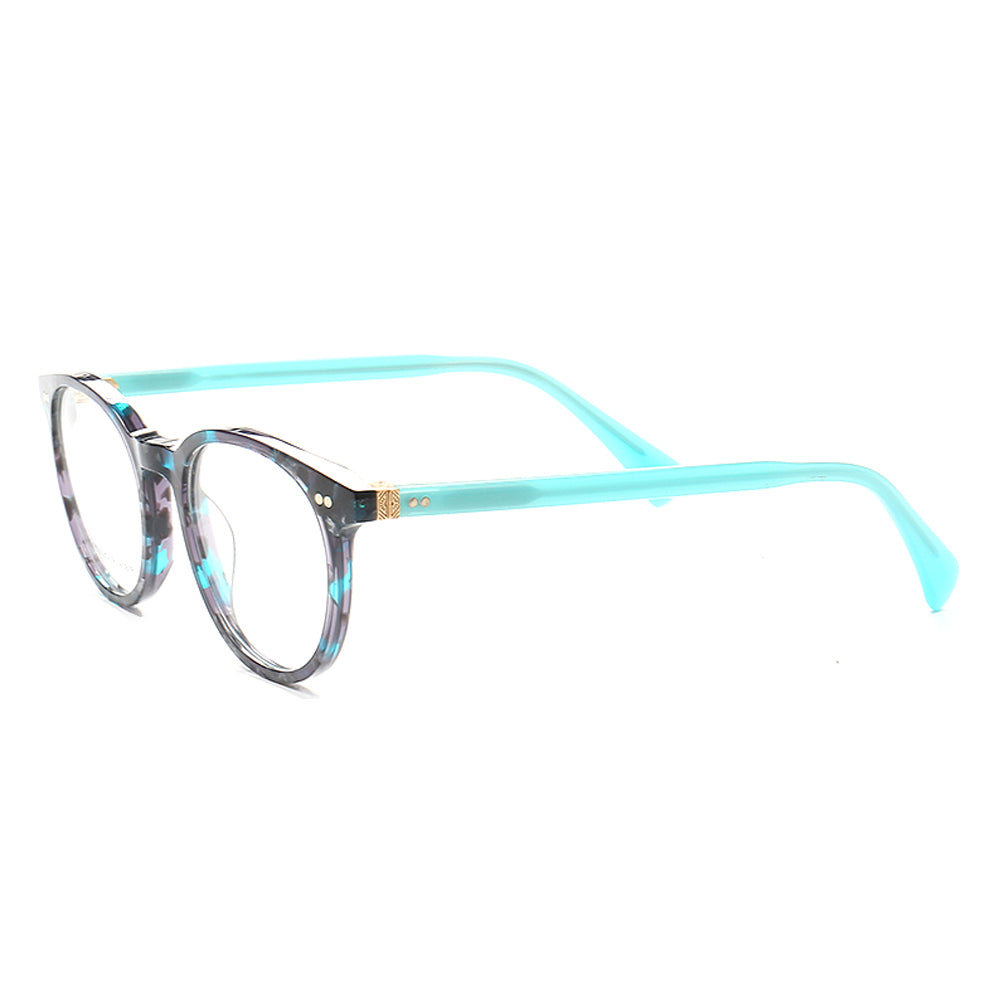 Side view of teal blue round eyeglasses