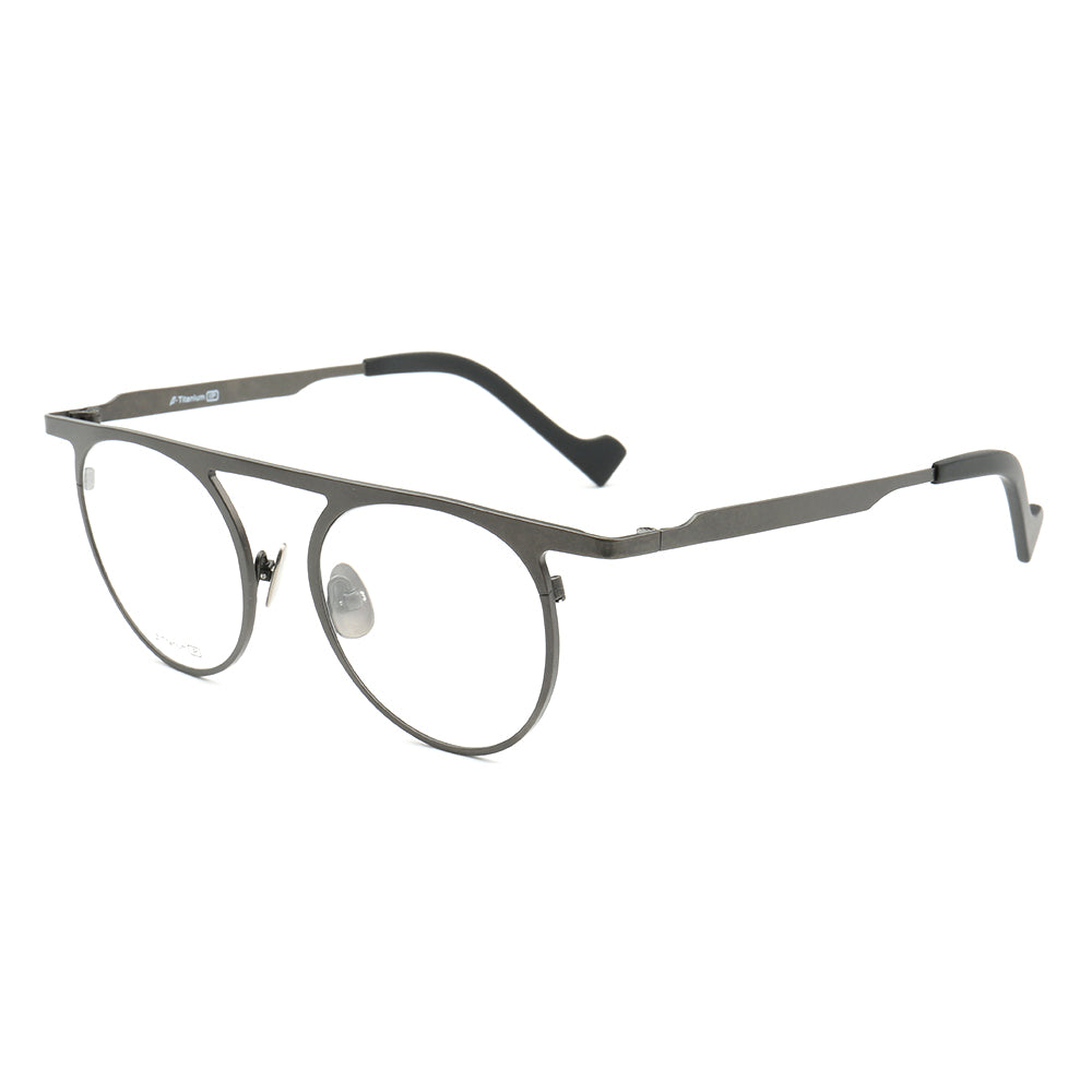 Side view of grey flat top retro titanium glasses