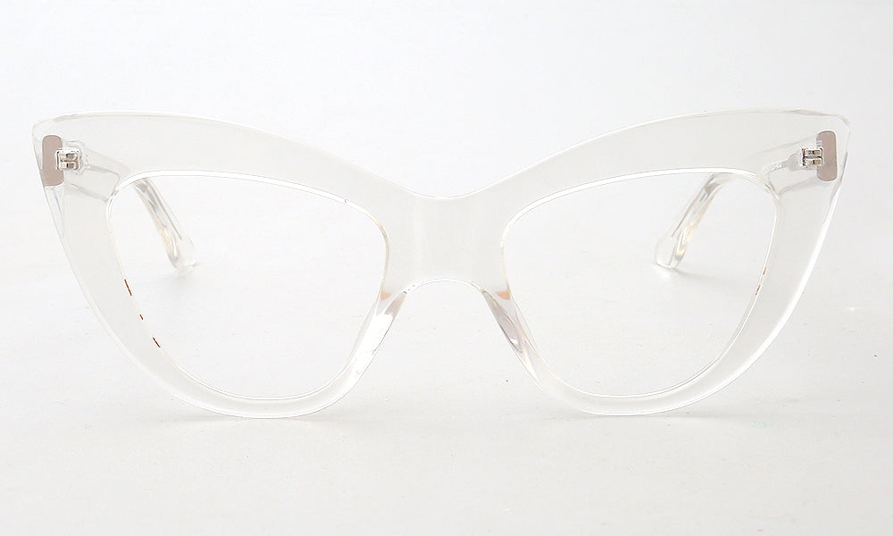 Front view of clear oversize cat eye eyeglasses frames