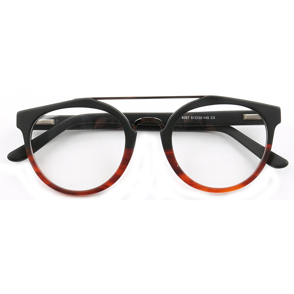 Front view of black and amber double bridge eyeglass frames