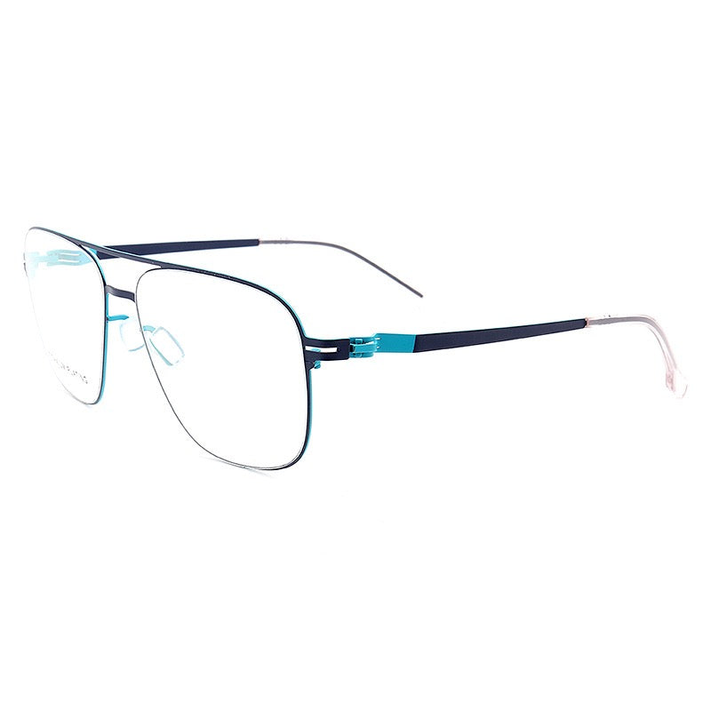 Side view of blue pilot style eyeglass frames