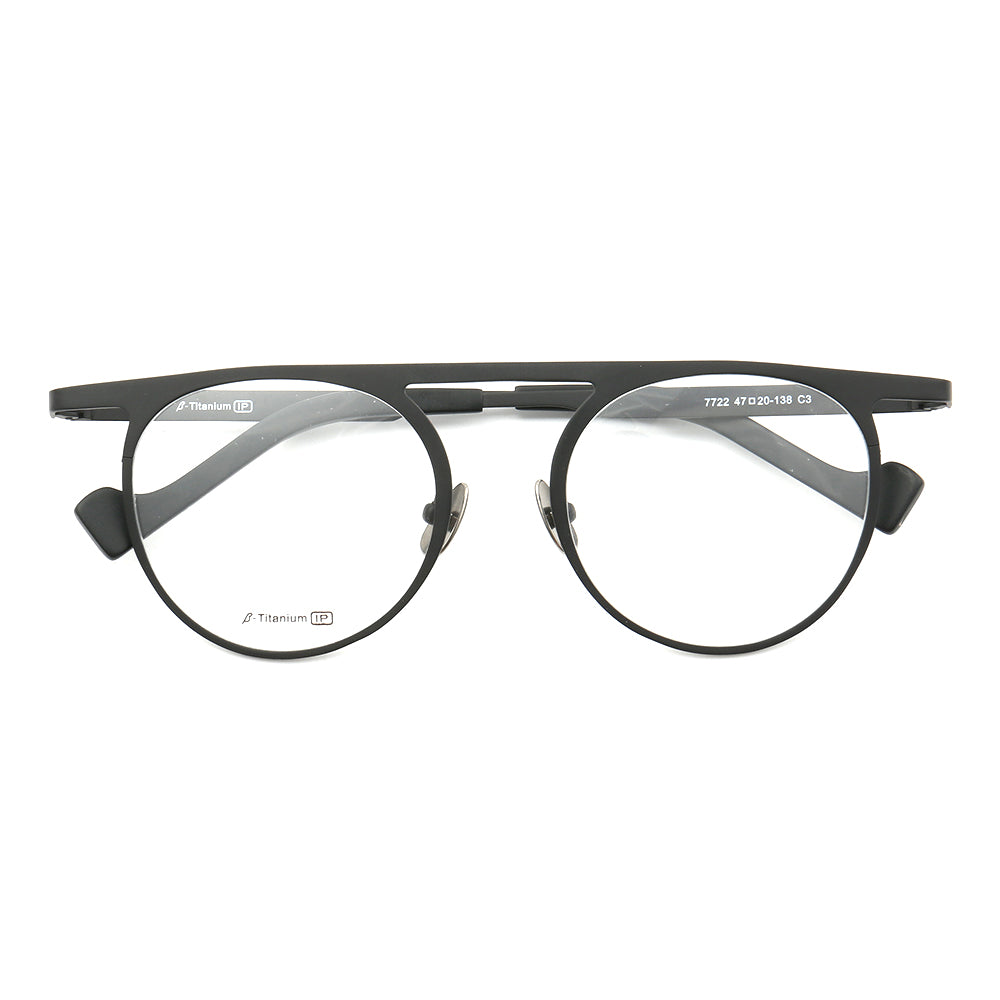 Front view of black flat top retro titanium eyeglasses