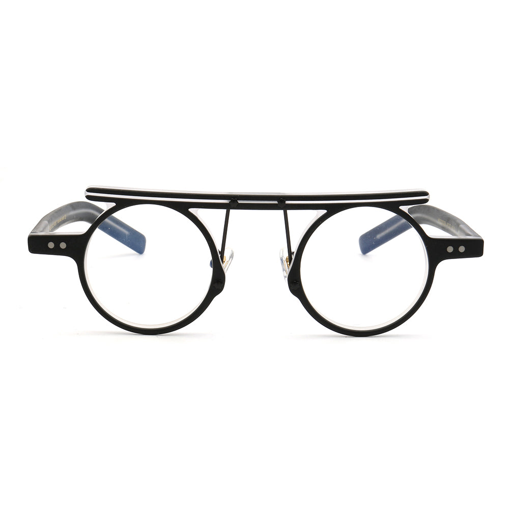 Front view of black and clear round acetate eyeglasses