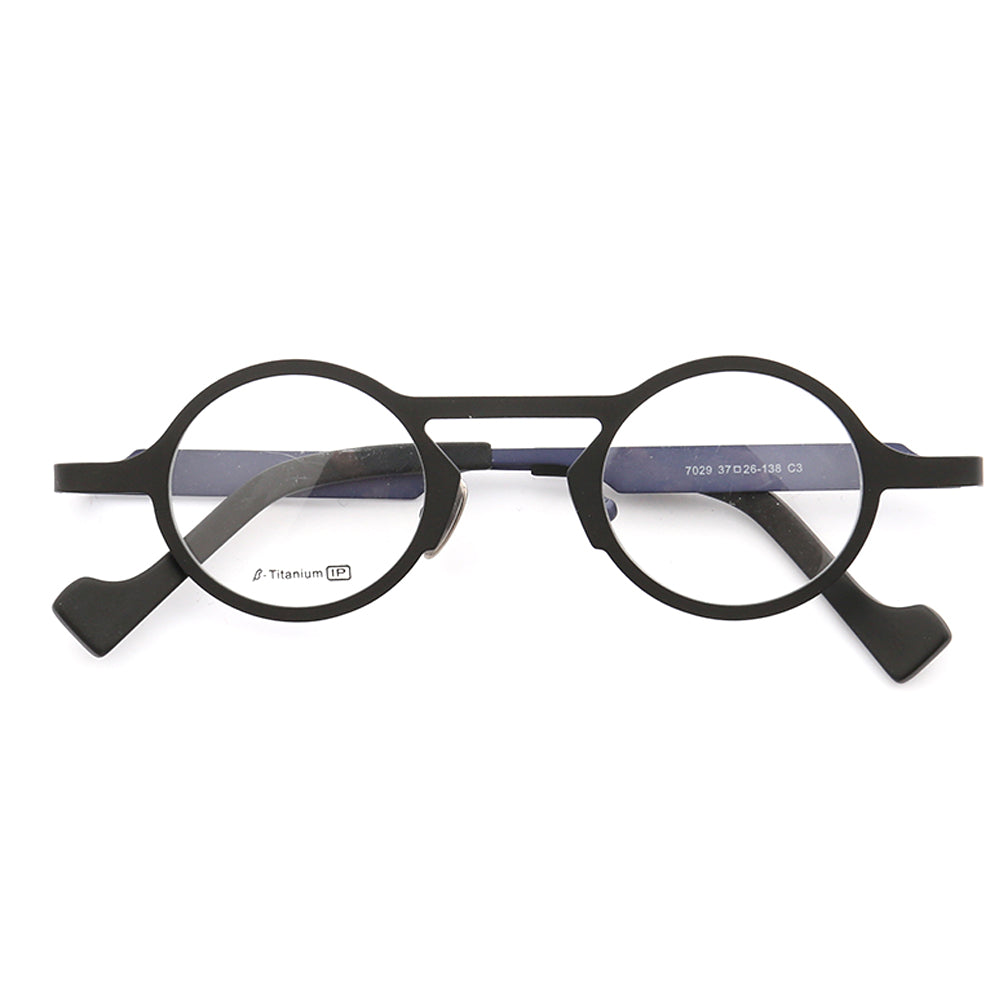 A pair of black and blue retro titanium eyeglasses