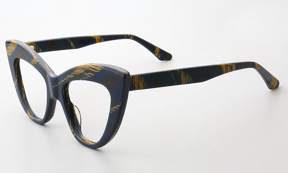 Side view of oversized patterned cat eye eyeglasses