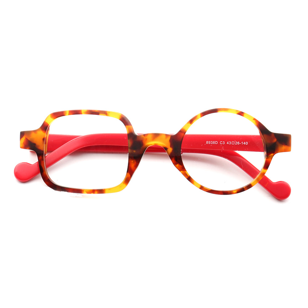 A pair of funky tortoise shell eyeglasses with red temples