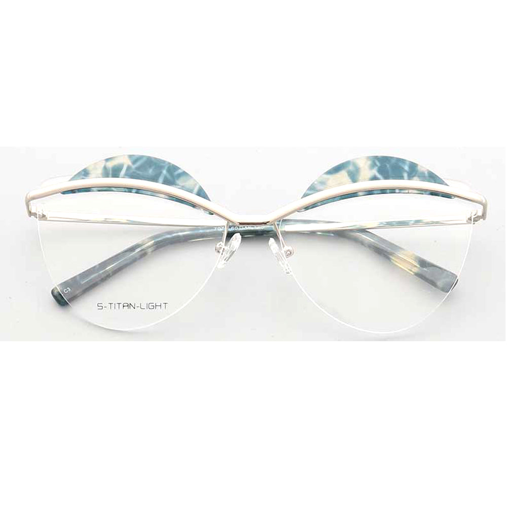 A pair of blue patterned rimless glasses for women