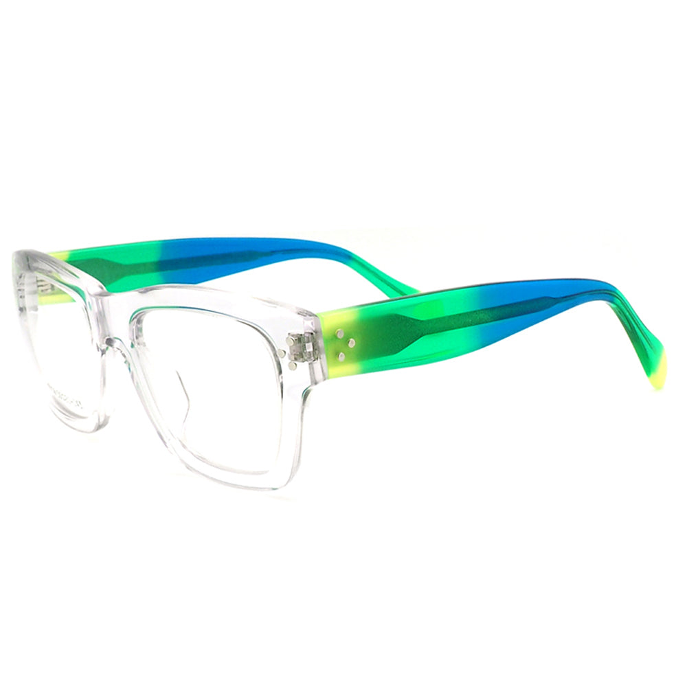 Side view of clear eyeglasses with gradient temples