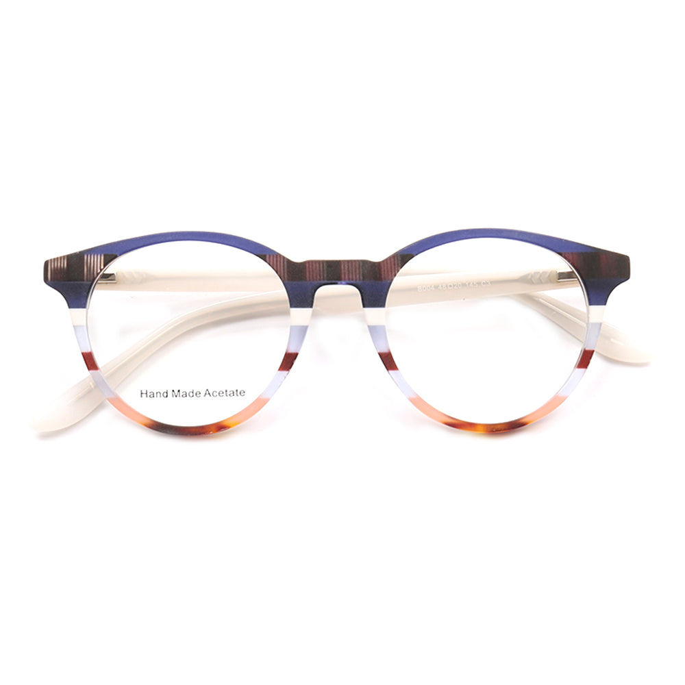 Front view of patterned round acetate eyeglasses