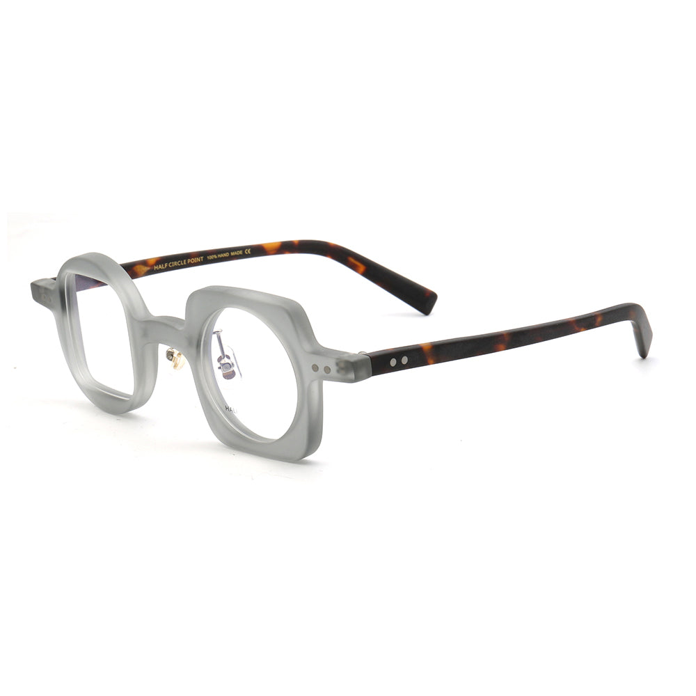 Side view of grey and tortoise mismatch glasses