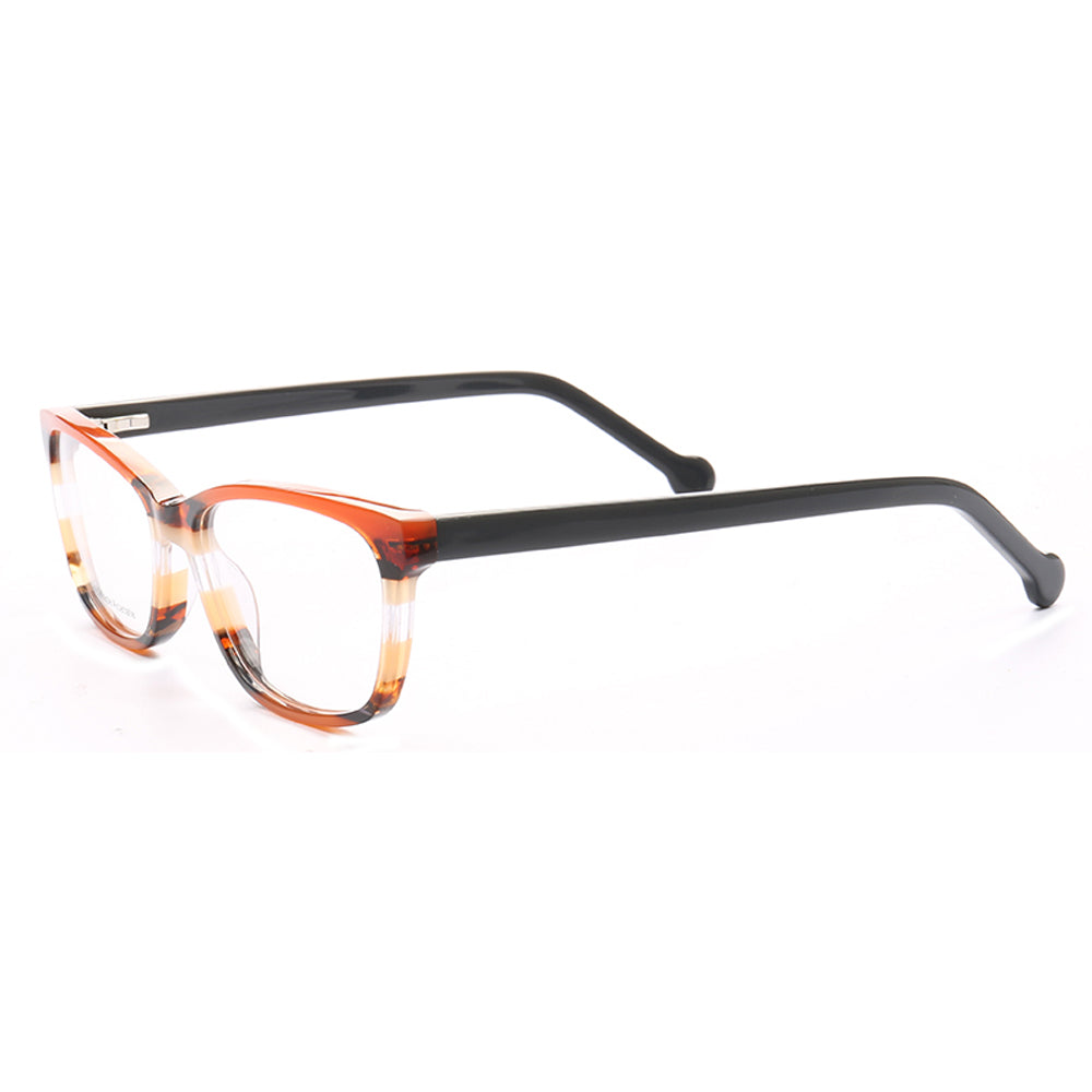 Side view of full rim striped acetate glasses for women