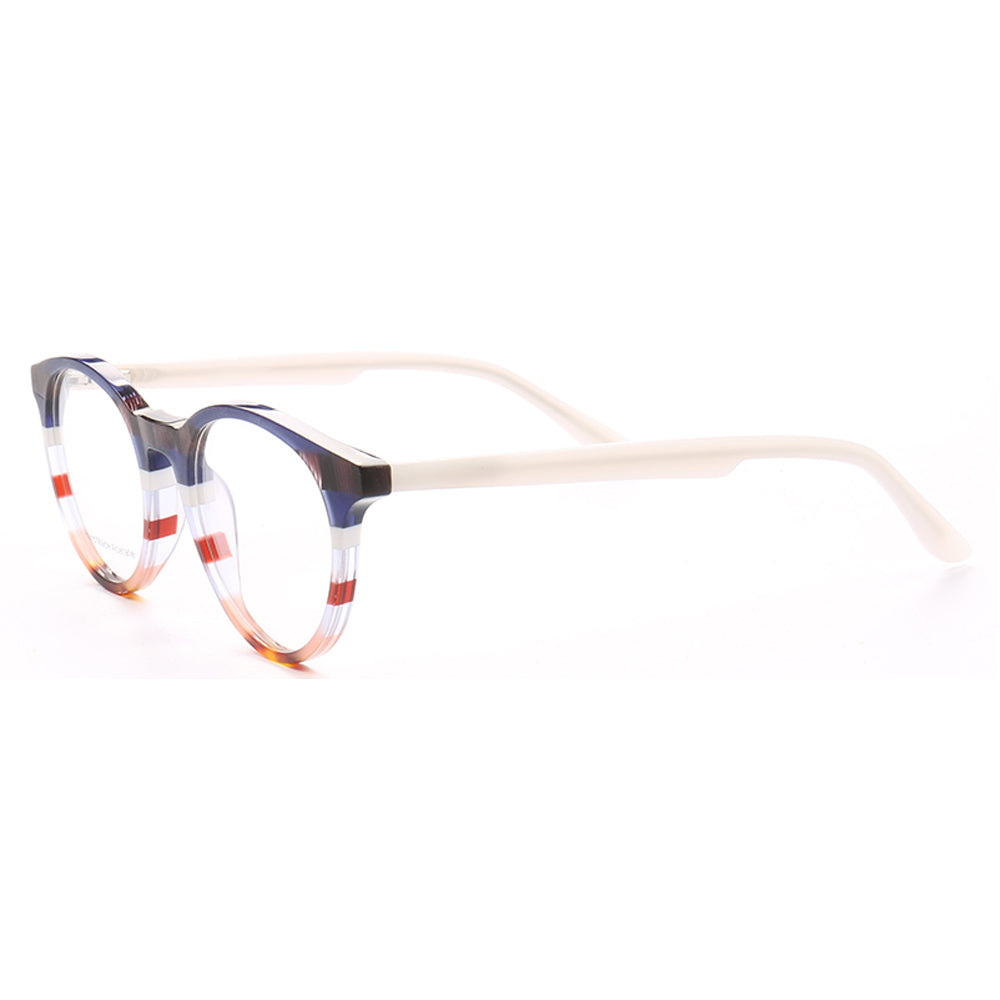 Side view of round patterned acetate eyeglasses