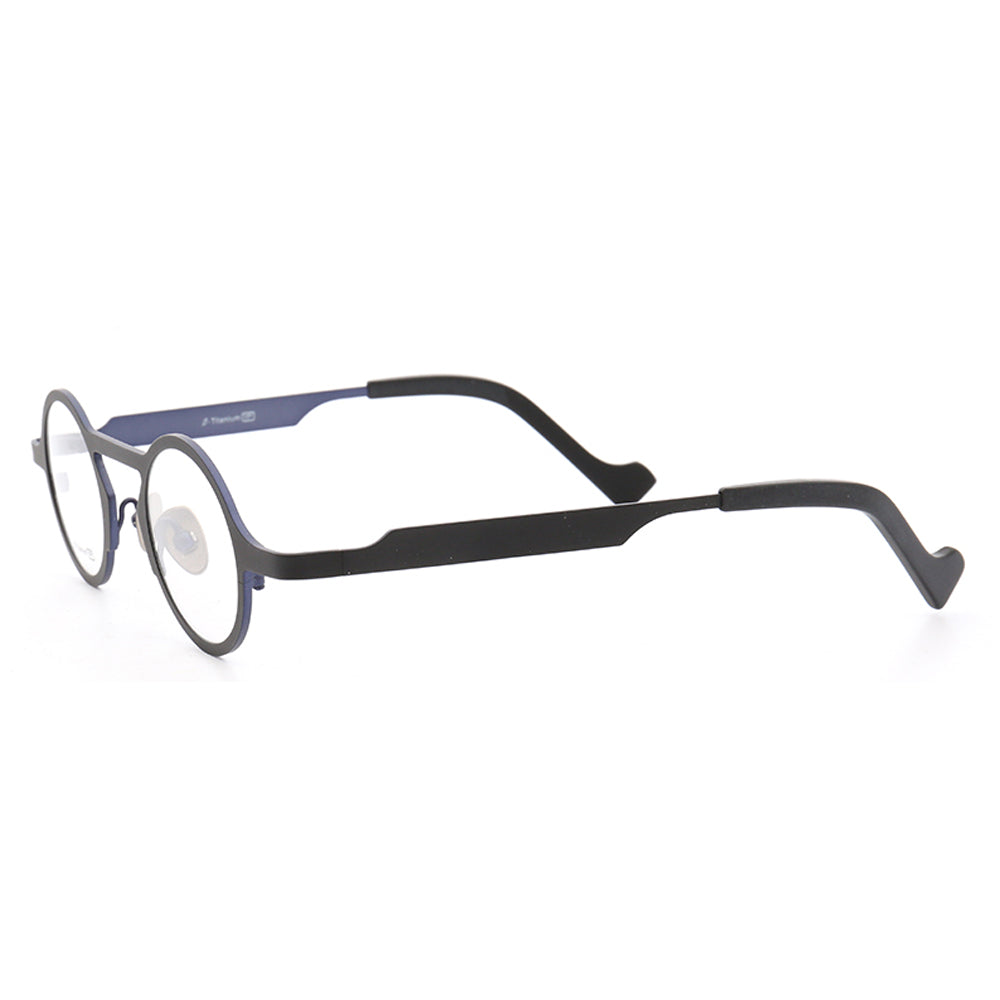 Side view of black and blue retro titanium eyeglasses