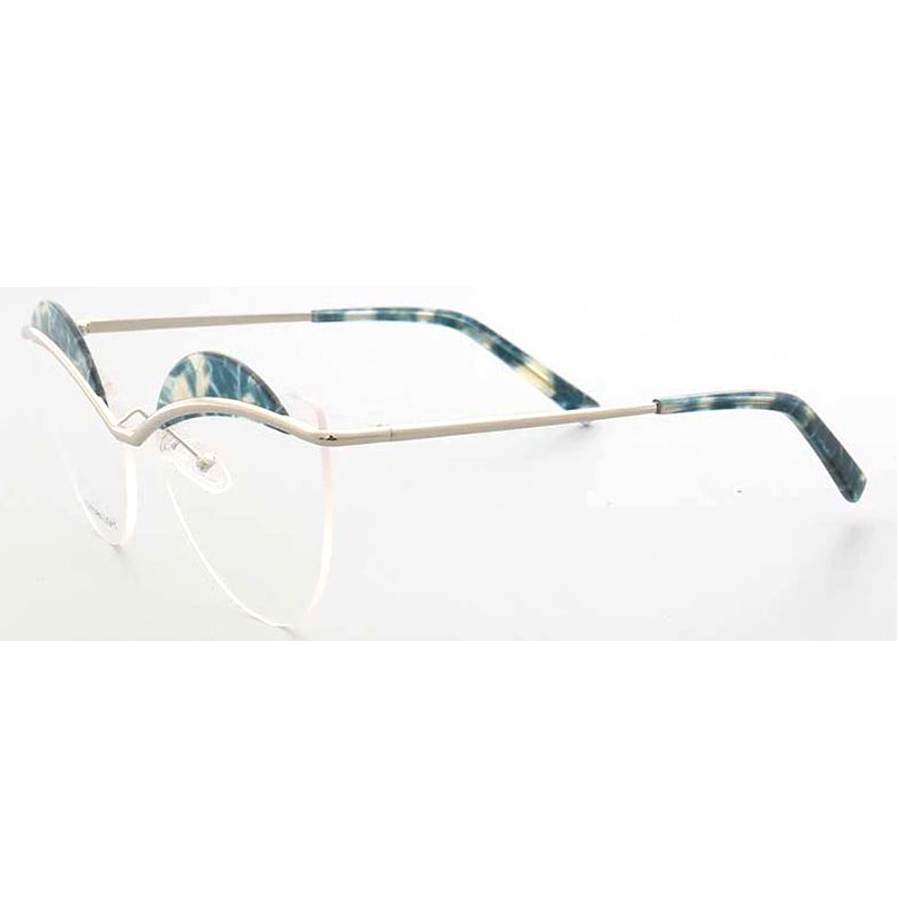 Side view of blue patterned rimless glasses for women