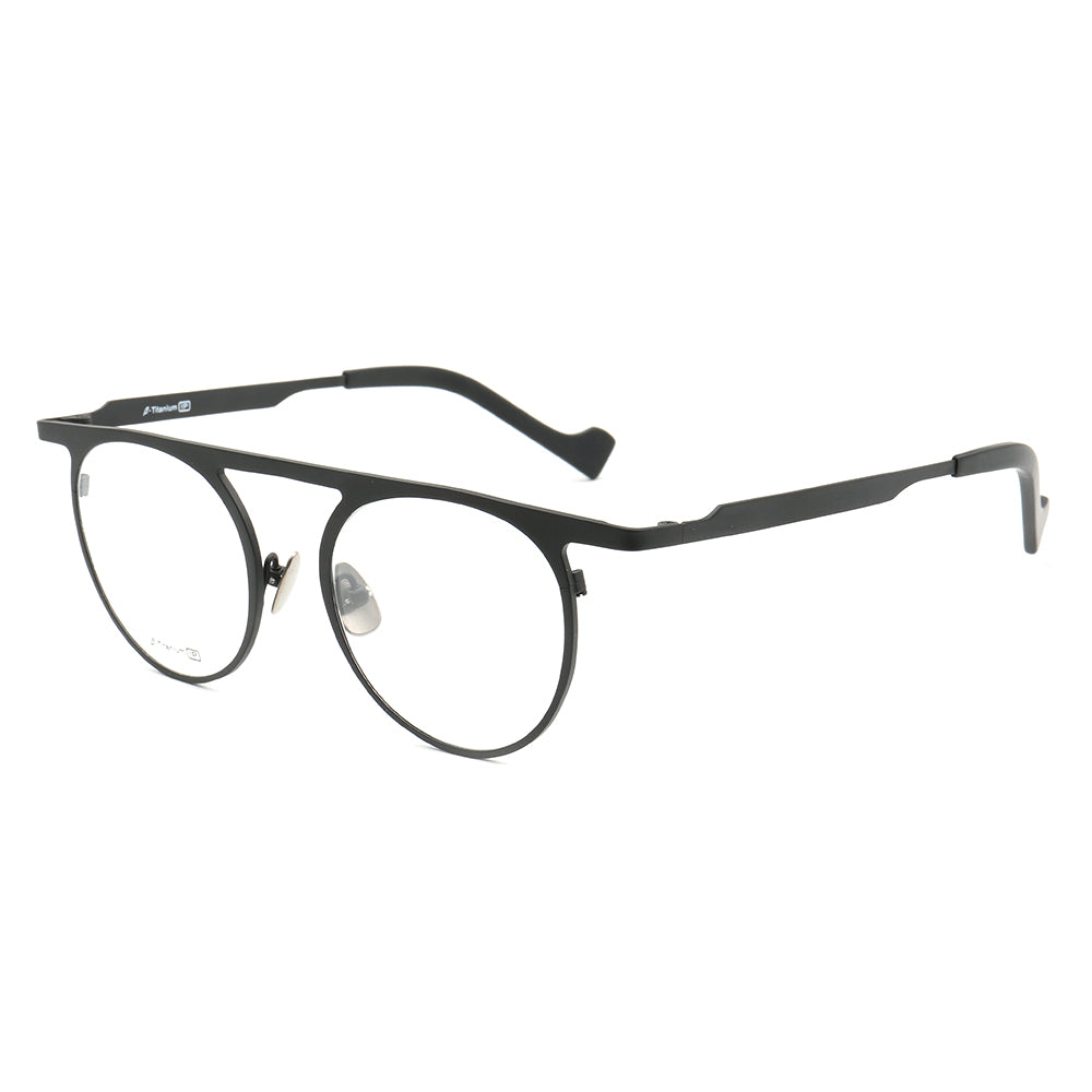 Side view of black retro flat top titanium eyeglasses