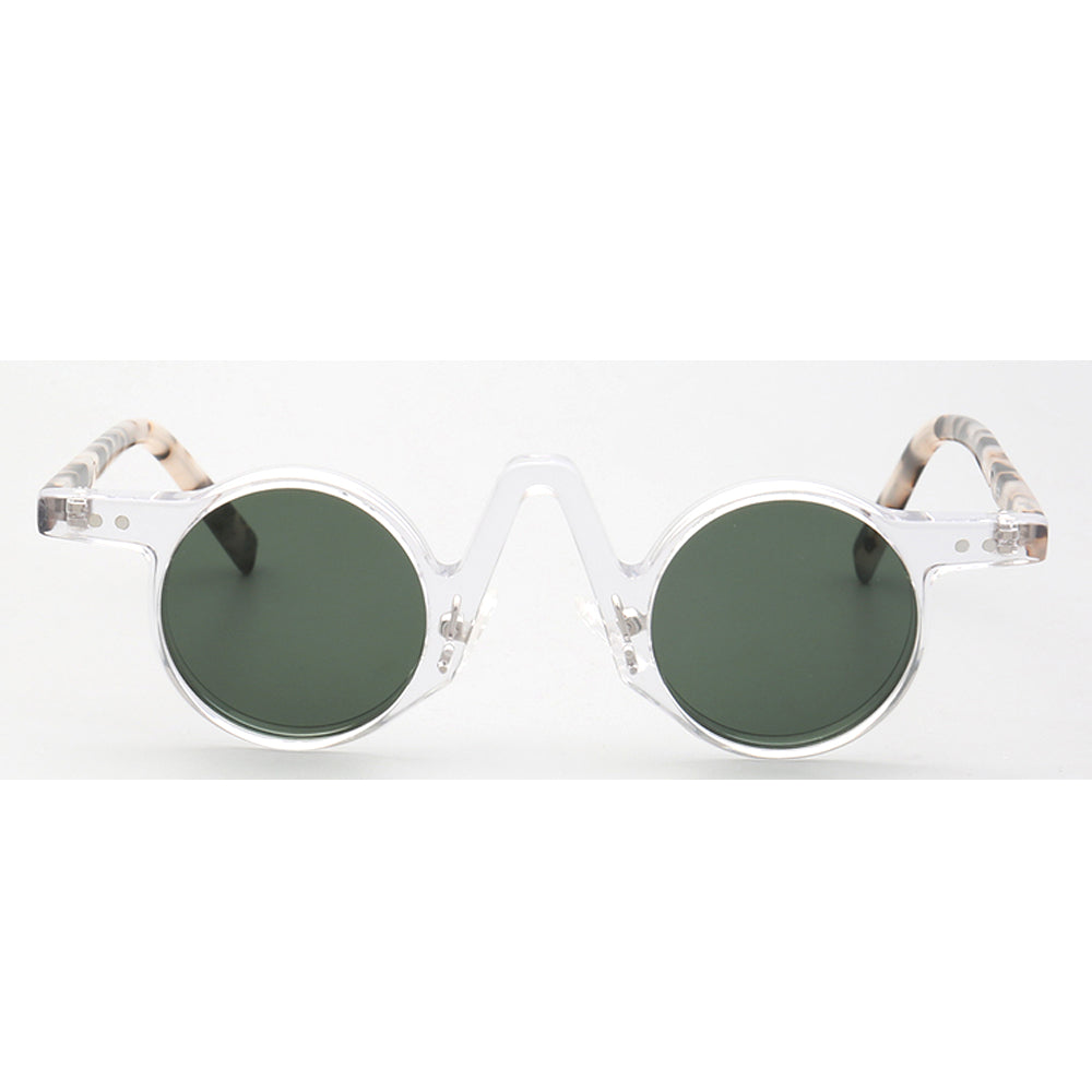 Front view of clear round polarized tortoise sunglasses