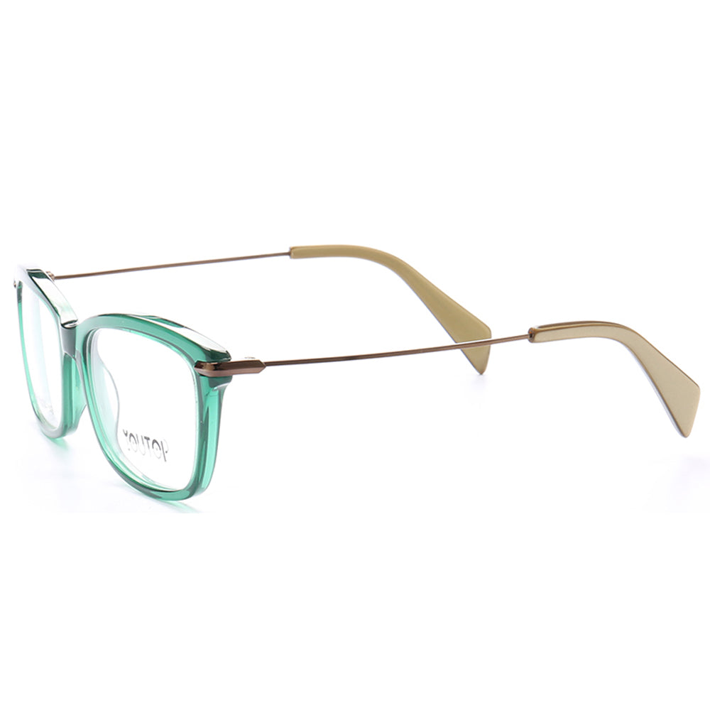 Side view of green acetate and metal eyeglass frames
