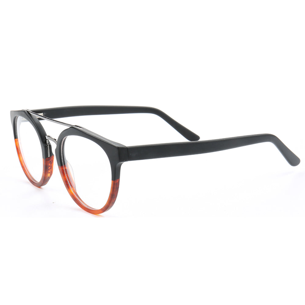 Side view of black and amber double bridge eyeglass frames