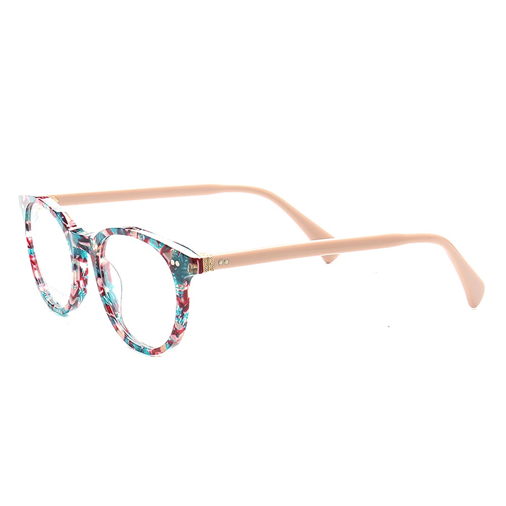 Side view of round floral patterned eyeglasses