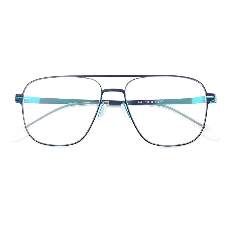 A pair of blue pilot style metal eyeglass frames