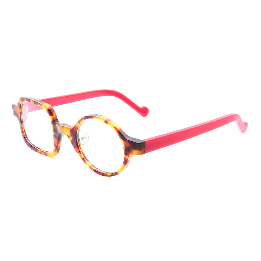 Tortoise shell mismatch eyeglasses with red temples