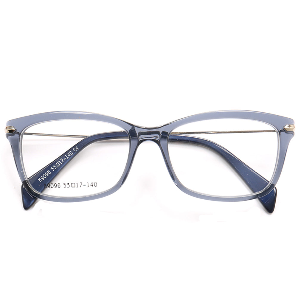 A pair of blue composite eyeglass frames