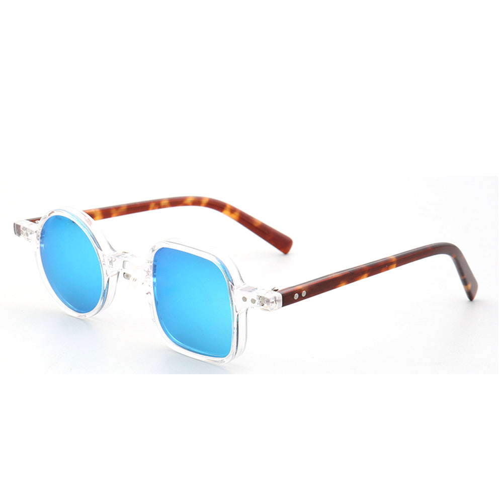 side view of blue polarized tortoise mismatch sunglasses