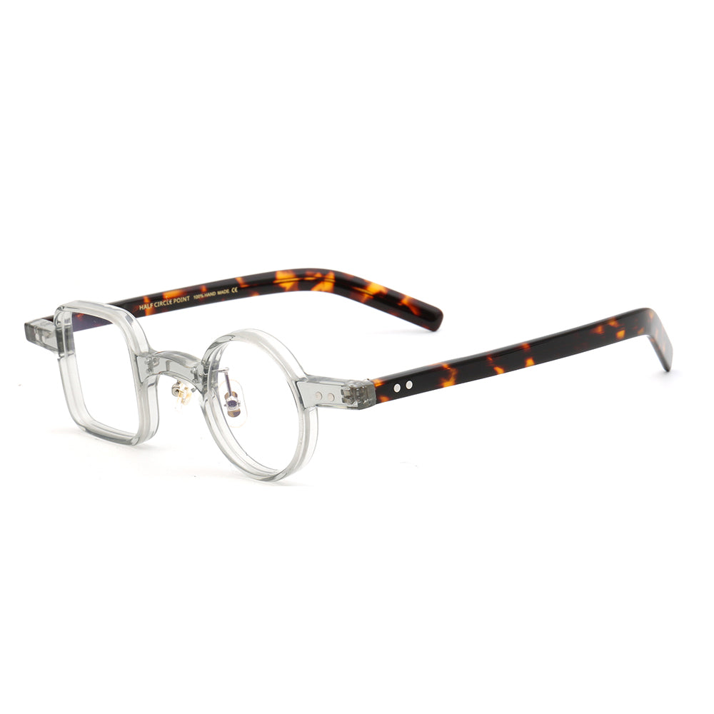 Side view of clear mismatch eyeglasses with tortoise temples