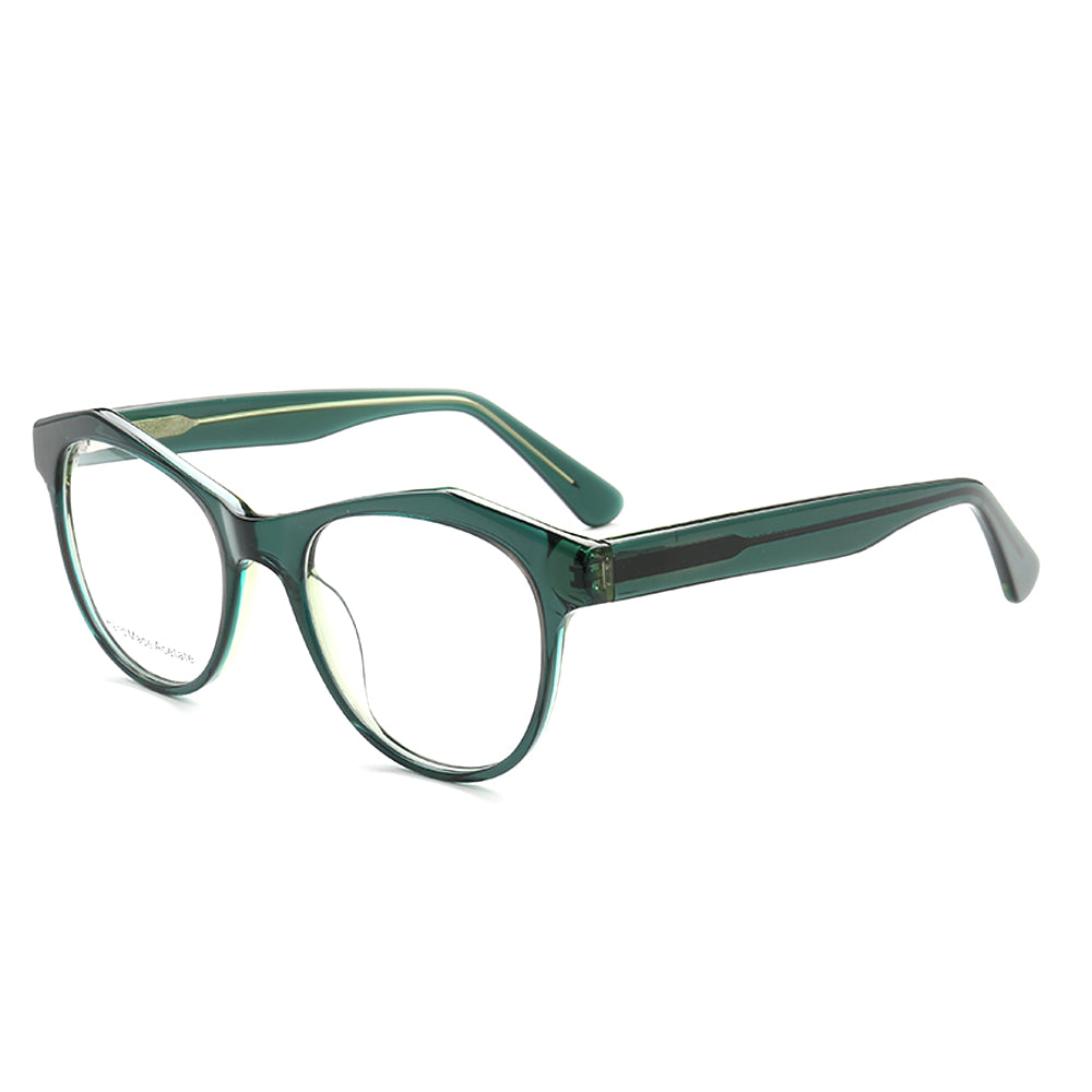 Side view of transparent green cat eye glasses for women