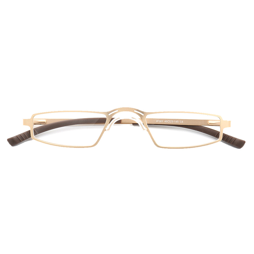 Sleek rectangular gold colored metal eyeglass frames