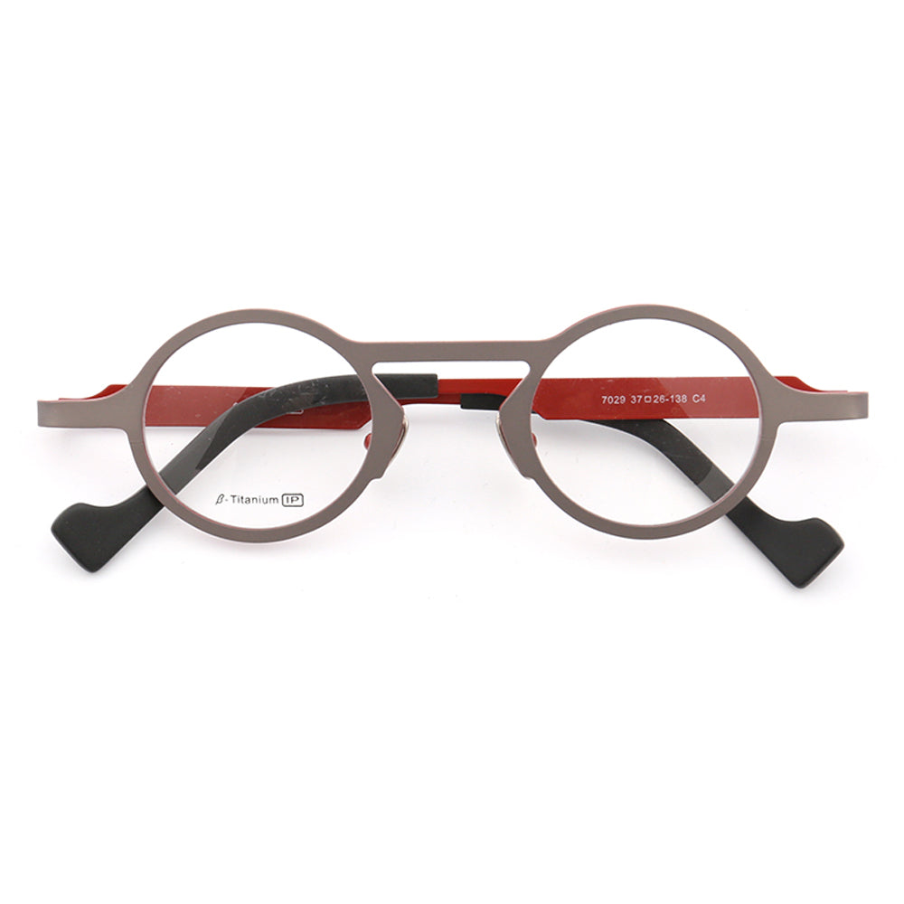 A pair of grey and red retro titanium eyeglasses