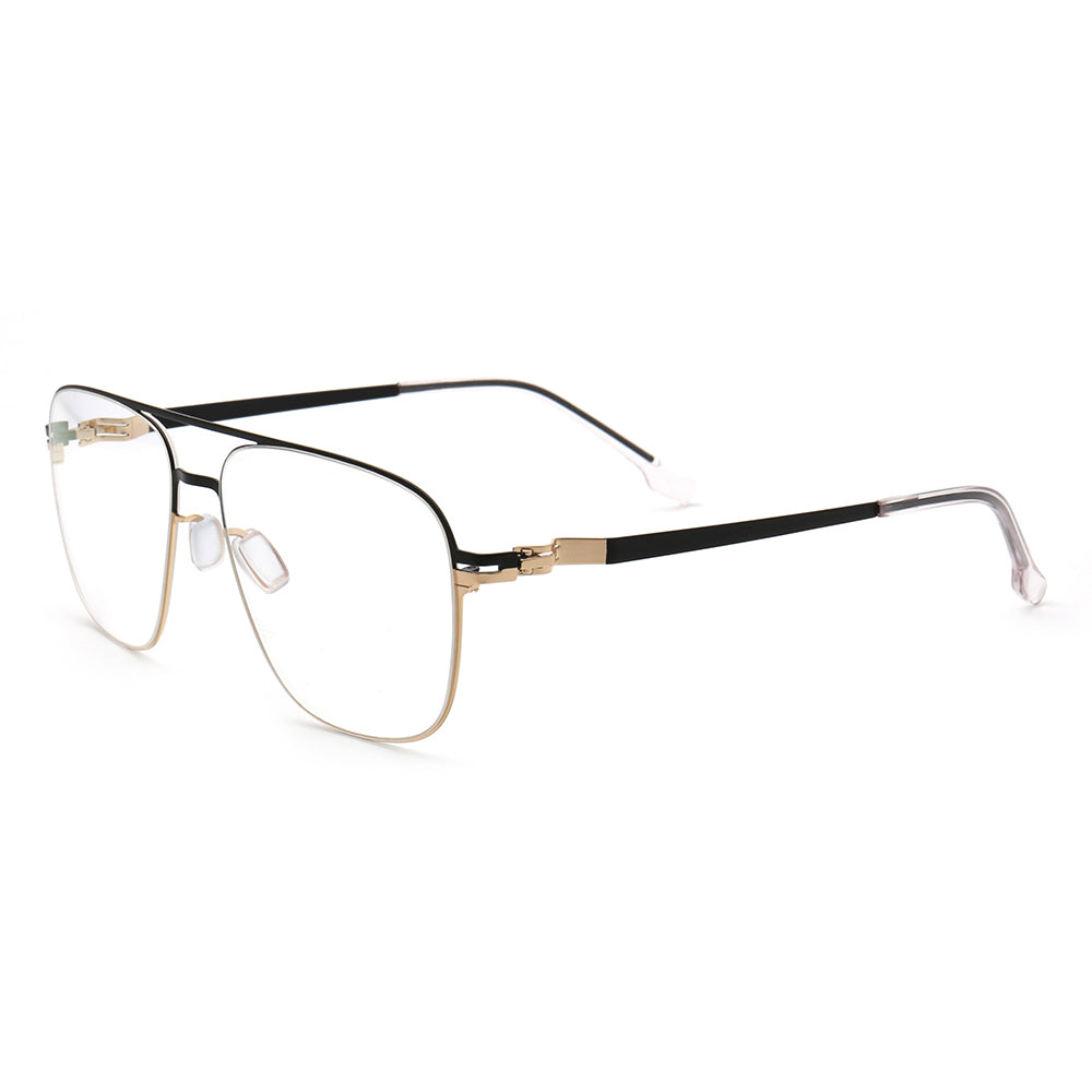 Side view of black and gold pilot style metal eyeglass frames